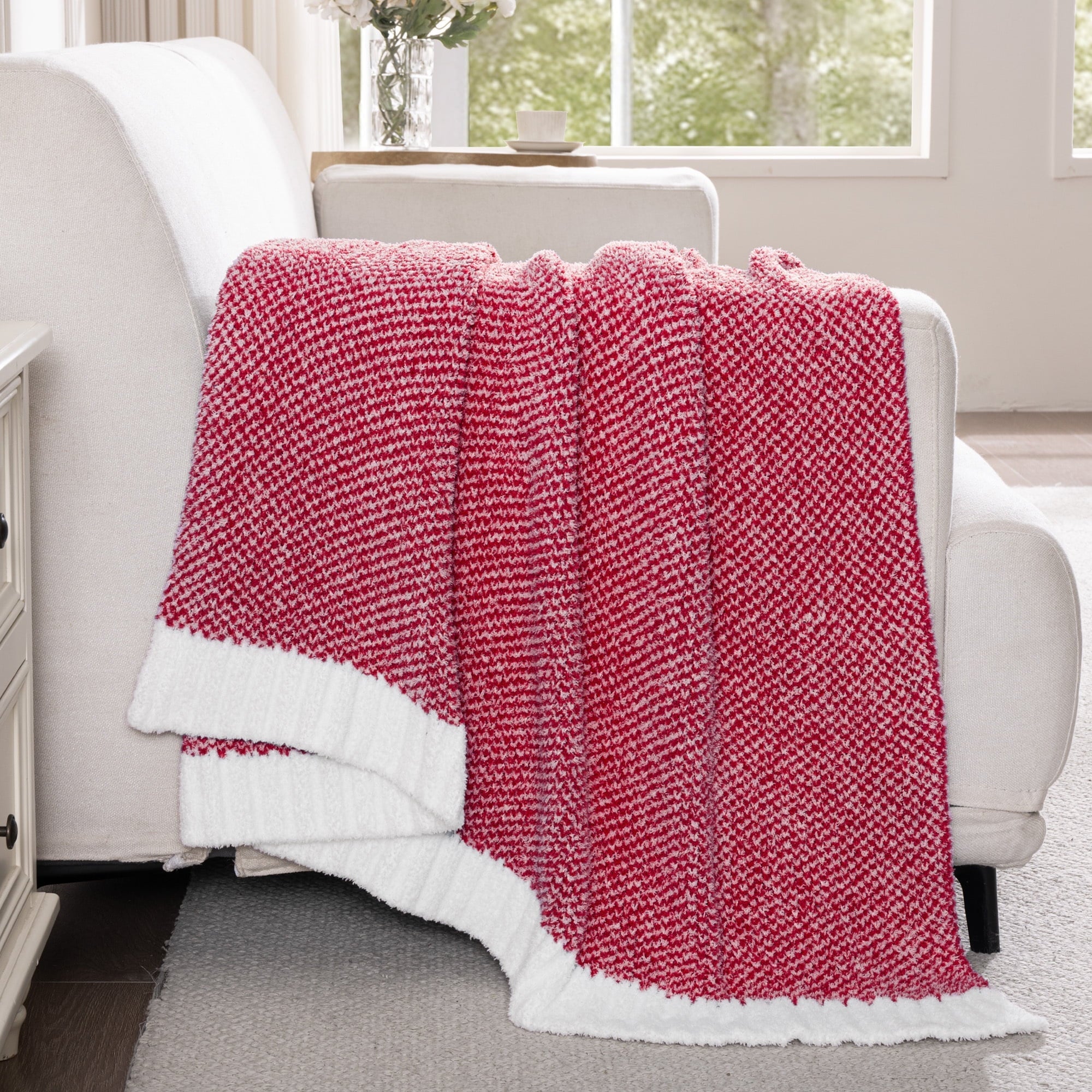 Knit Throw Blanket, Ultra Soft Cozy Fluffy Blankets, Lightweight Fuzzy Plush Throw for Couch and Bed, Mixed Red, 50"x60"