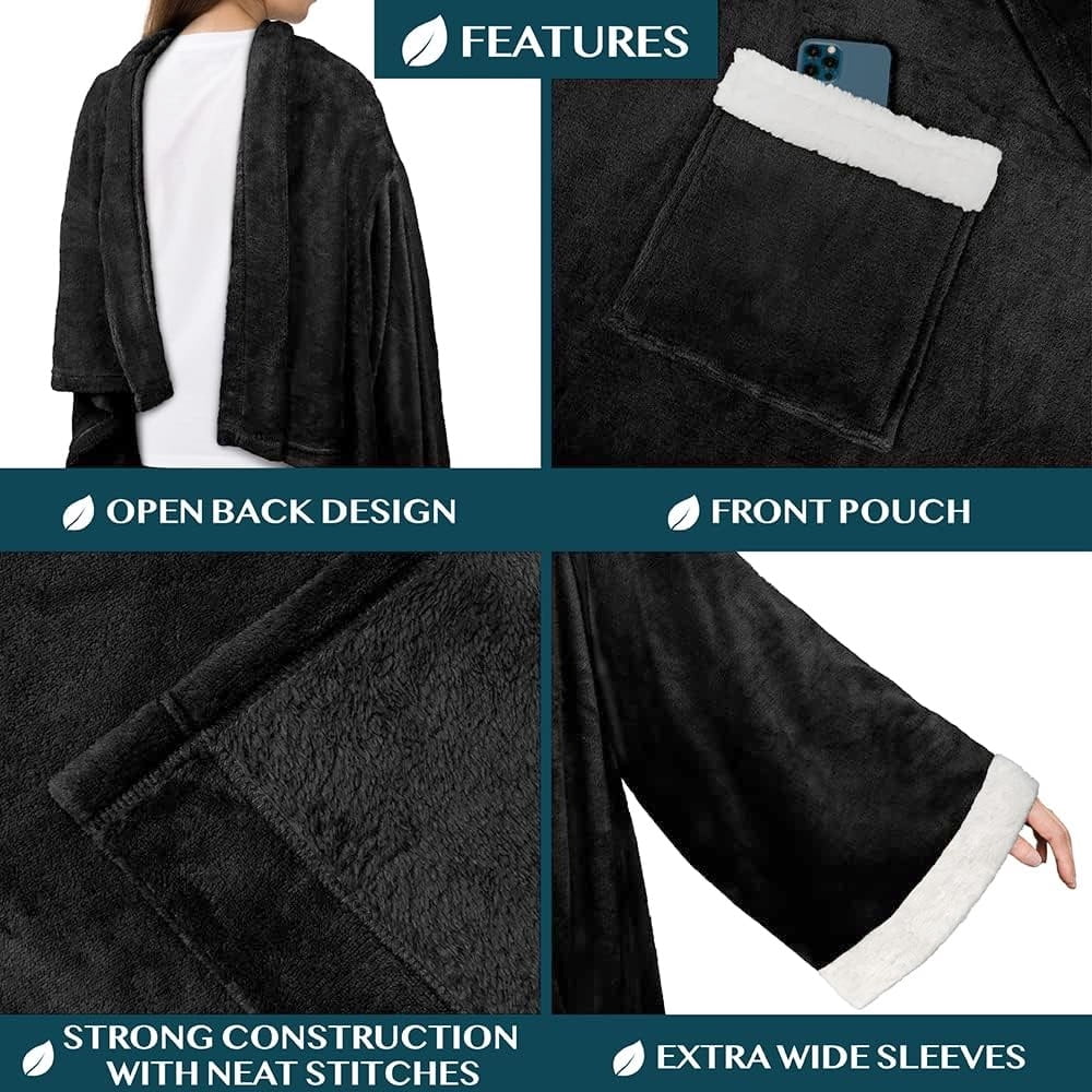 Fleece Blanket with Sleeves for Women Men Adults, Wearable Blanket Warm Soft Plush, Snuggle Pocket Sleeved TV Throw W...