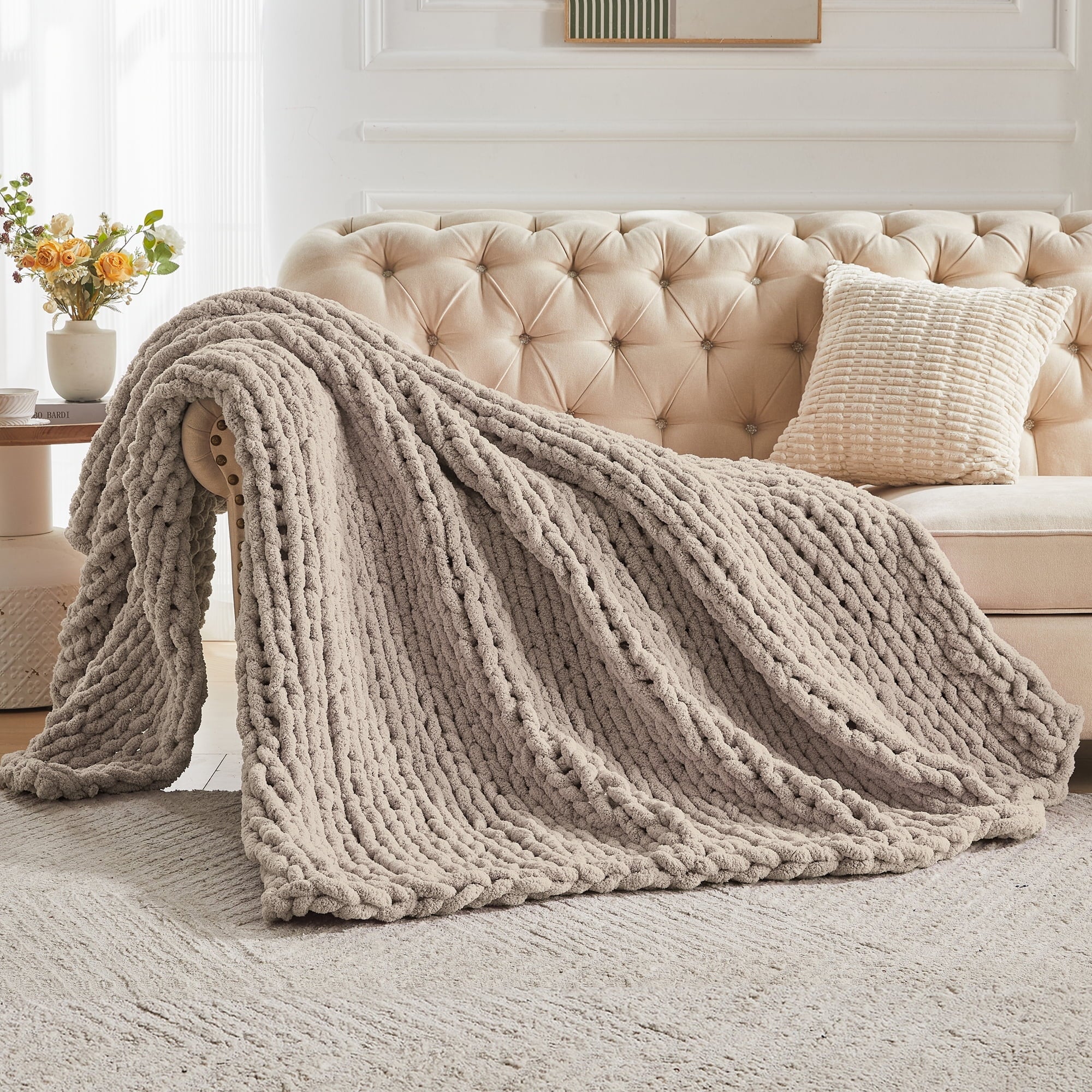 Chunky Knit Throw Blanket Handmade Soft Throws for Couch Sofa Bed, 50" x 60" Taupe