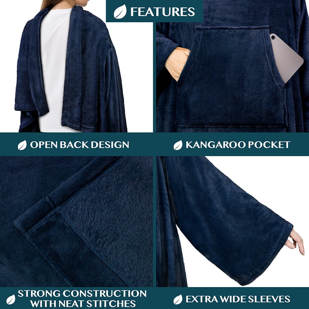 Navy Blue Fleece Wearable Blanket with Sleeves for Adults Women Men, Soft Warm Full Body Wrap Throw, Sweatshirt Pocke...