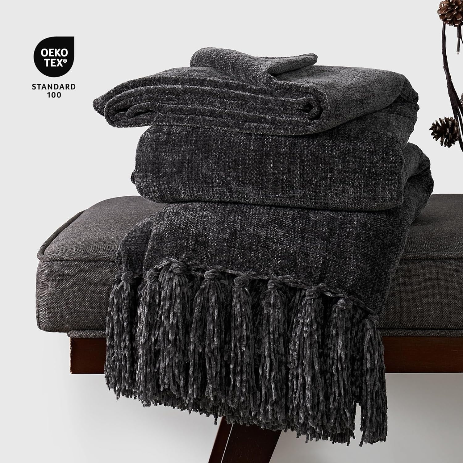 Soft Chenille Throw Blanket for Couch, Cozy Plush Fuzzy Decorative Chenille Knit Throw Blanket with Tassels, Lightwei...