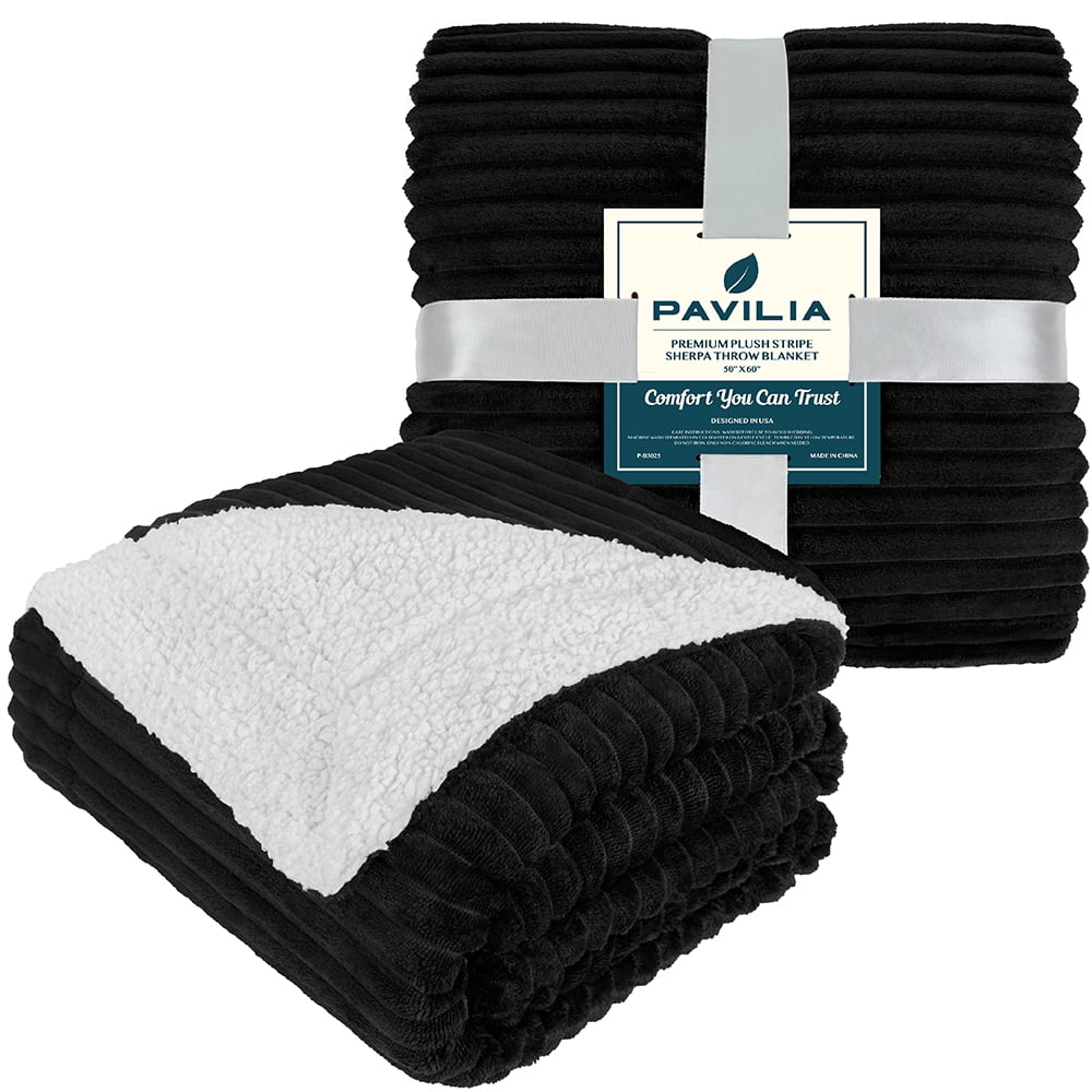 Reversible Sherpa Fleece Throw Blanket Black, Plush Flannel Throw, Ultra Soft Warm Ribbed Microfiber Blanket for Sofa...