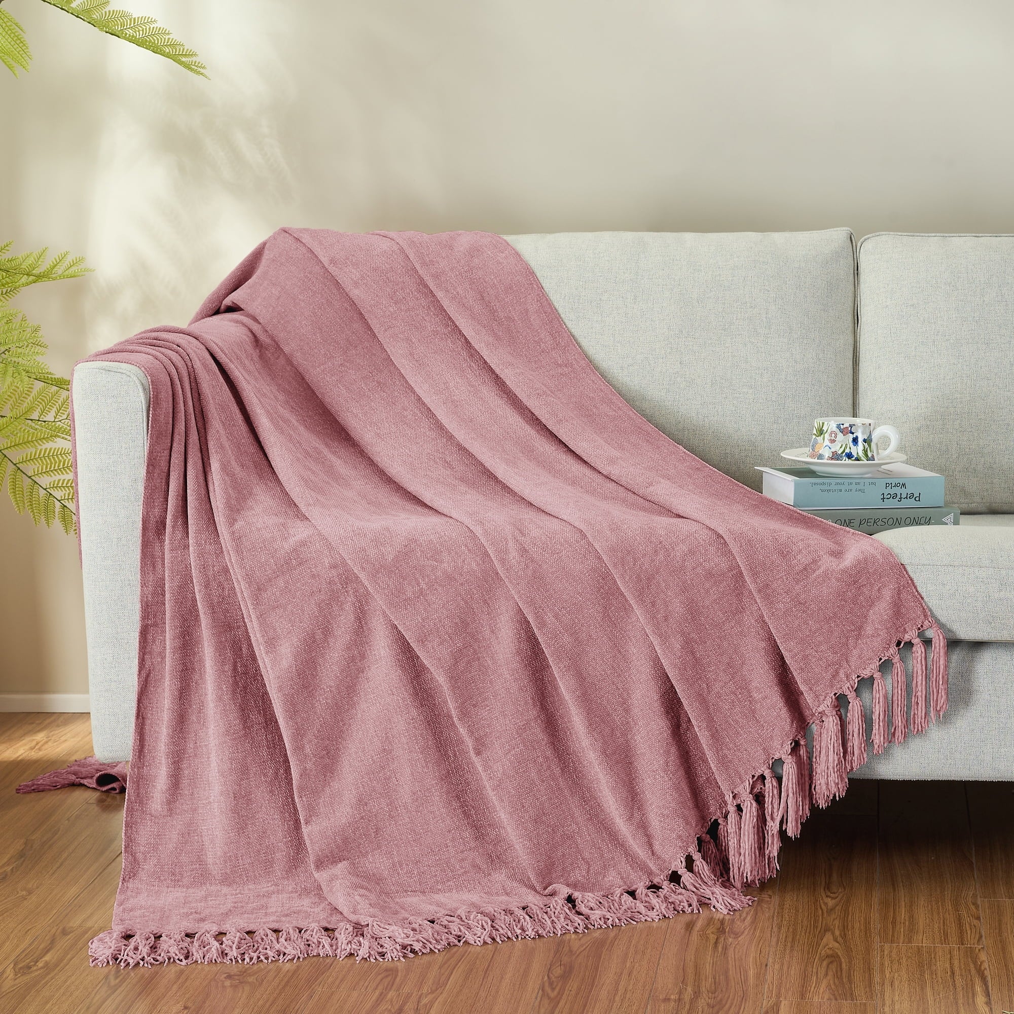 Chenille Throw Blanket with Fringe Tassel for Couch Sofa Chair Bed, Mauve 50" X 70"