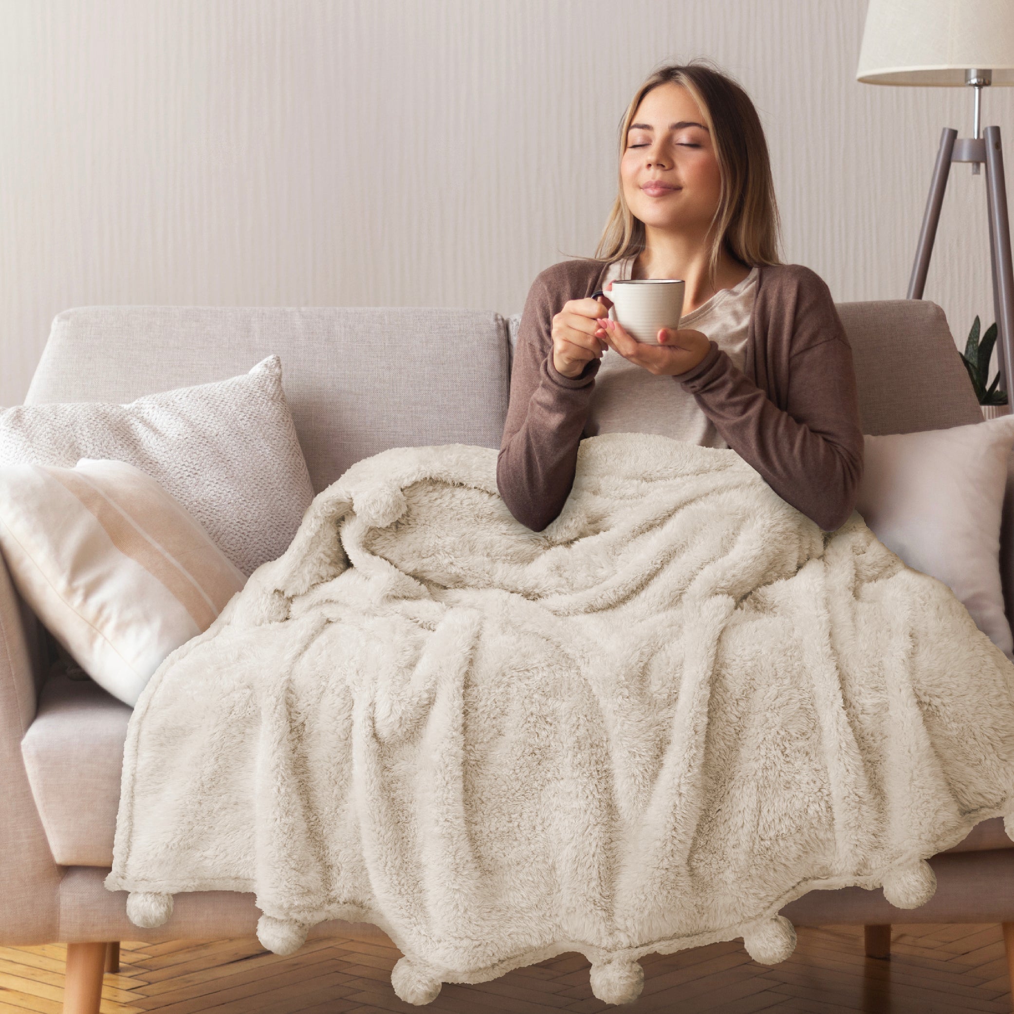 Ivory Cream Sherpa Throw Blanket with Soft Pom Pom Fringe, Plush Cozy Warm Blankets for Couch Bed Sofa, Fuzzy Fleece ...