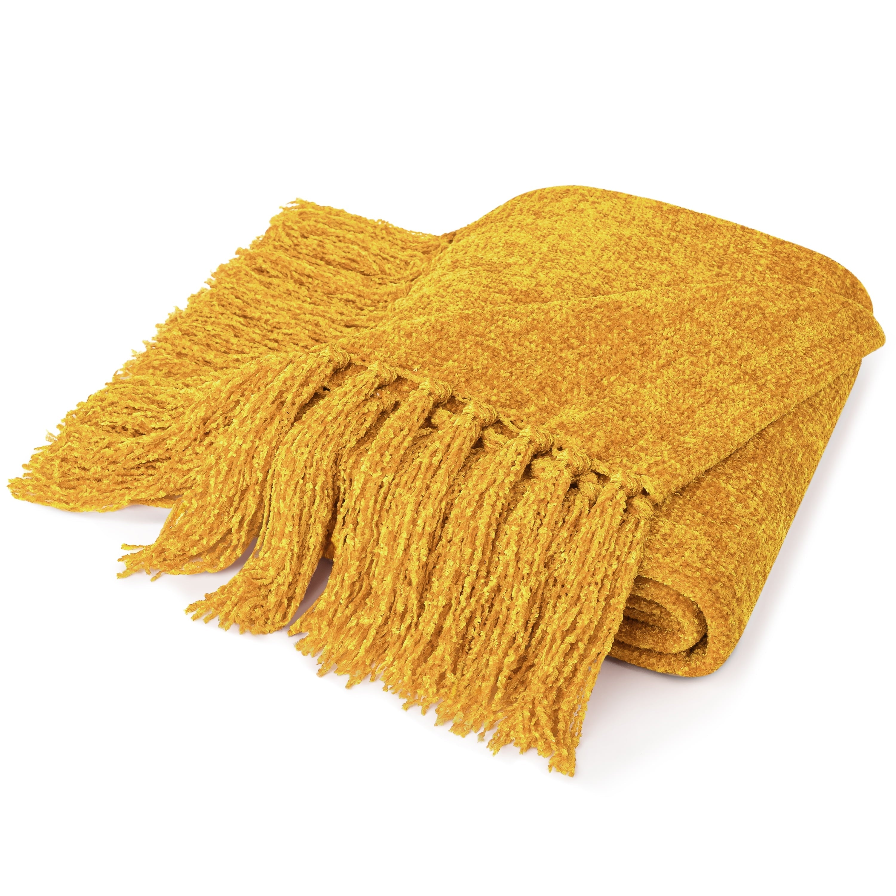 Mustard Yellow Chenille Throw Blanket for Couch, Soft Gold Knit Blanket with Tassel Fringe, Woven Chenille Knitted De...