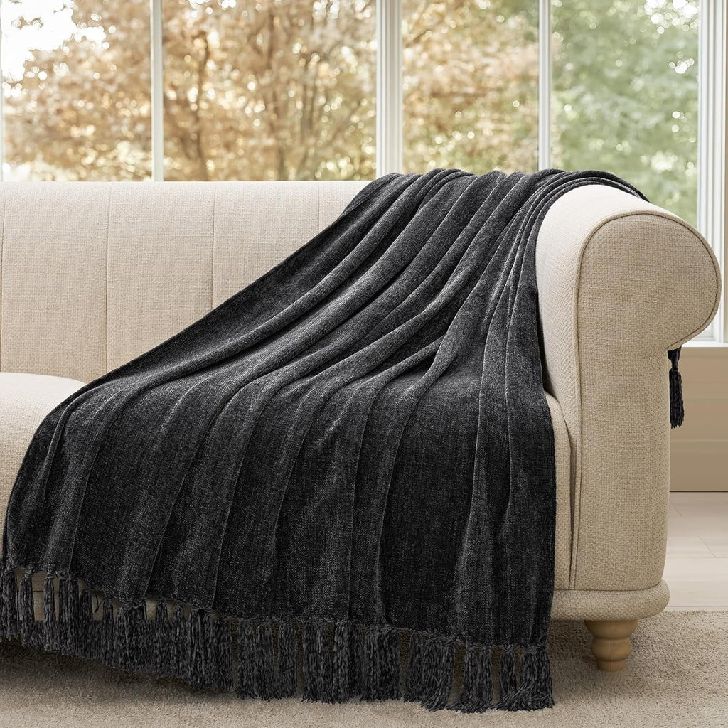 Soft Chenille Throw Blanket for Couch, Cozy Plush Fuzzy Decorative Chenille Knit Throw Blanket with Tassels, Lightwei...