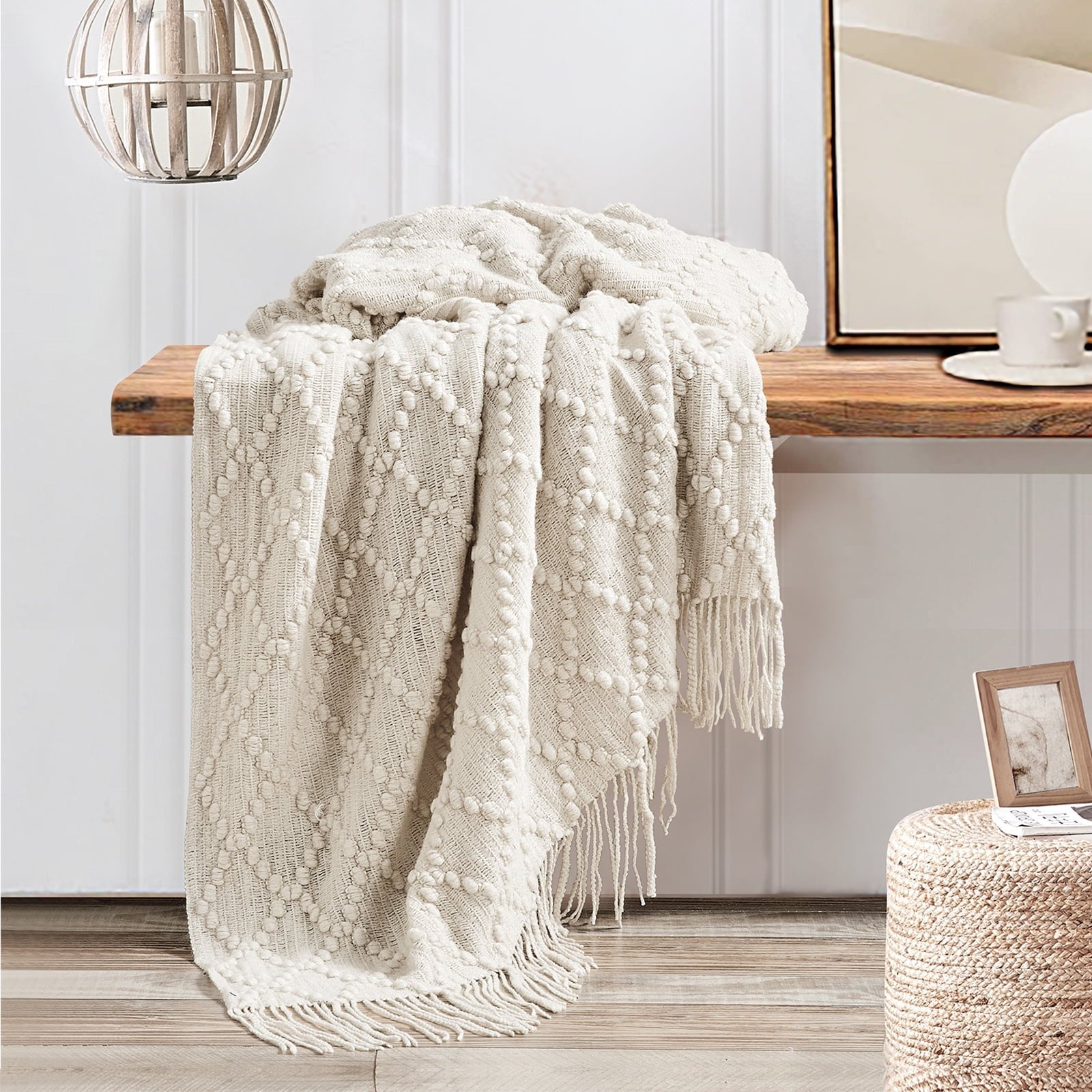 Texture Pure Color Soft Throw Blanket and Sofa Or Bed Knitted Decorative Blanket 50 x70 inches Jacquard Diamond Beige...