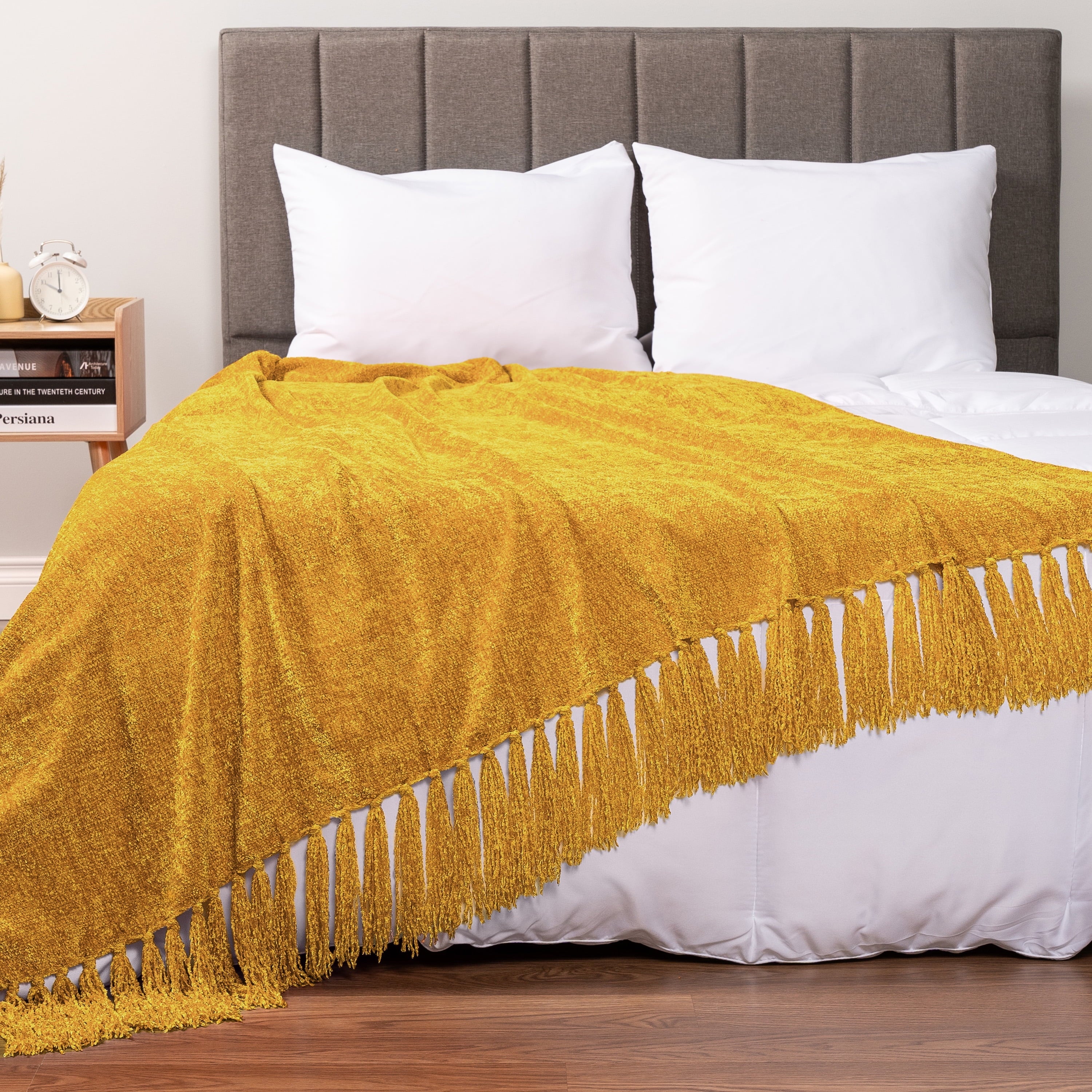 Mustard Yellow Chenille Throw Blanket for Couch, Soft Gold Knit Blanket with Tassel Fringe, Woven Chenille Knitted De...