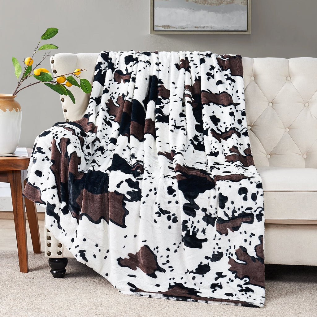 Cow Print Double Sided Faux Fur Throw Blanket, Soft Cozy Fuzzy Black and White Throw, 50x60 inches