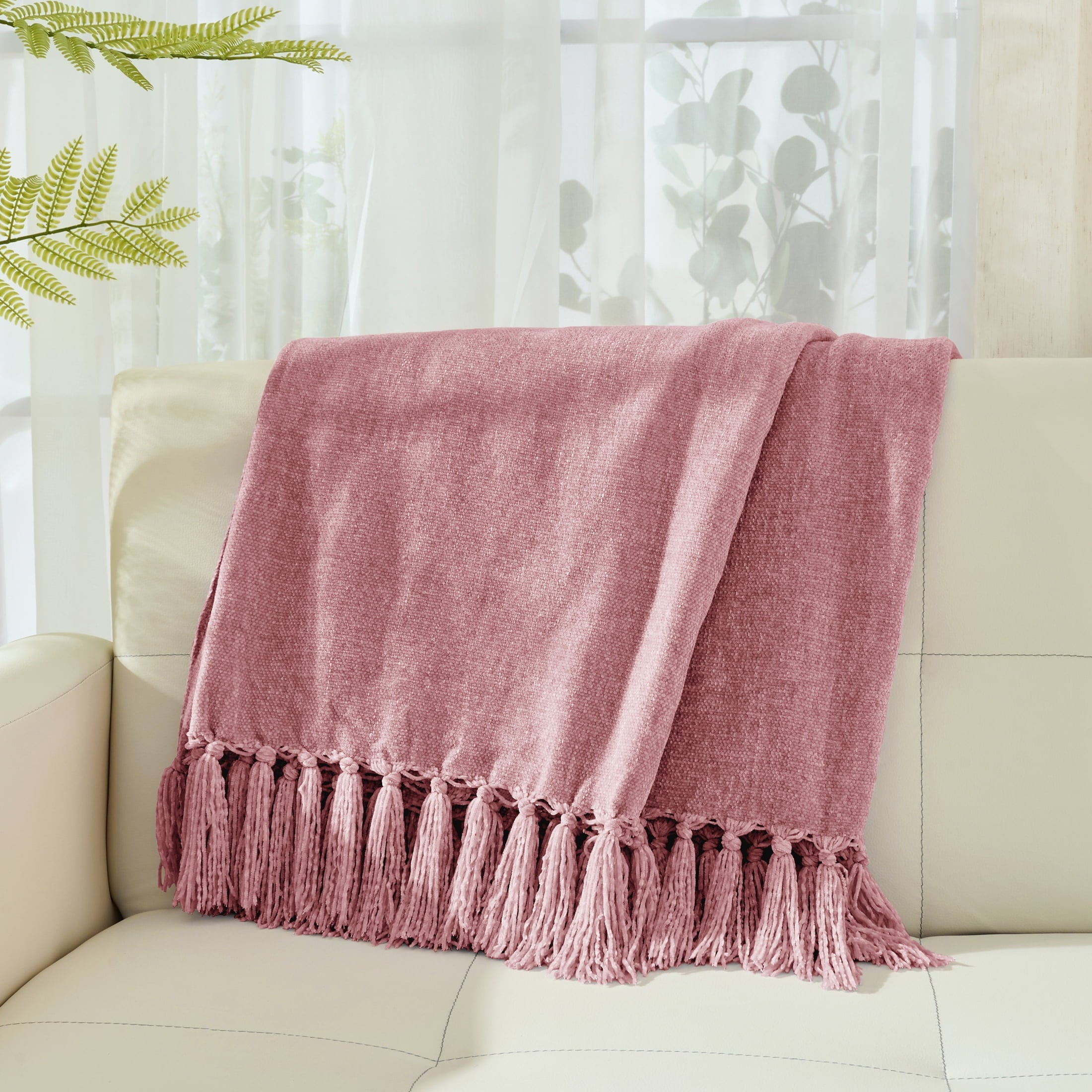 Chenille Throw Blanket with Fringe Tassel for Couch Sofa Chair Bed, Mauve 50" X 70"
