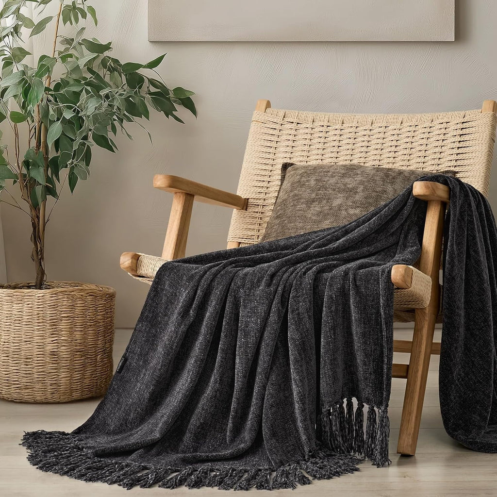 Soft Chenille Throw Blanket for Couch, Cozy Plush Fuzzy Decorative Chenille Knit Throw Blanket with Tassels, Lightwei...