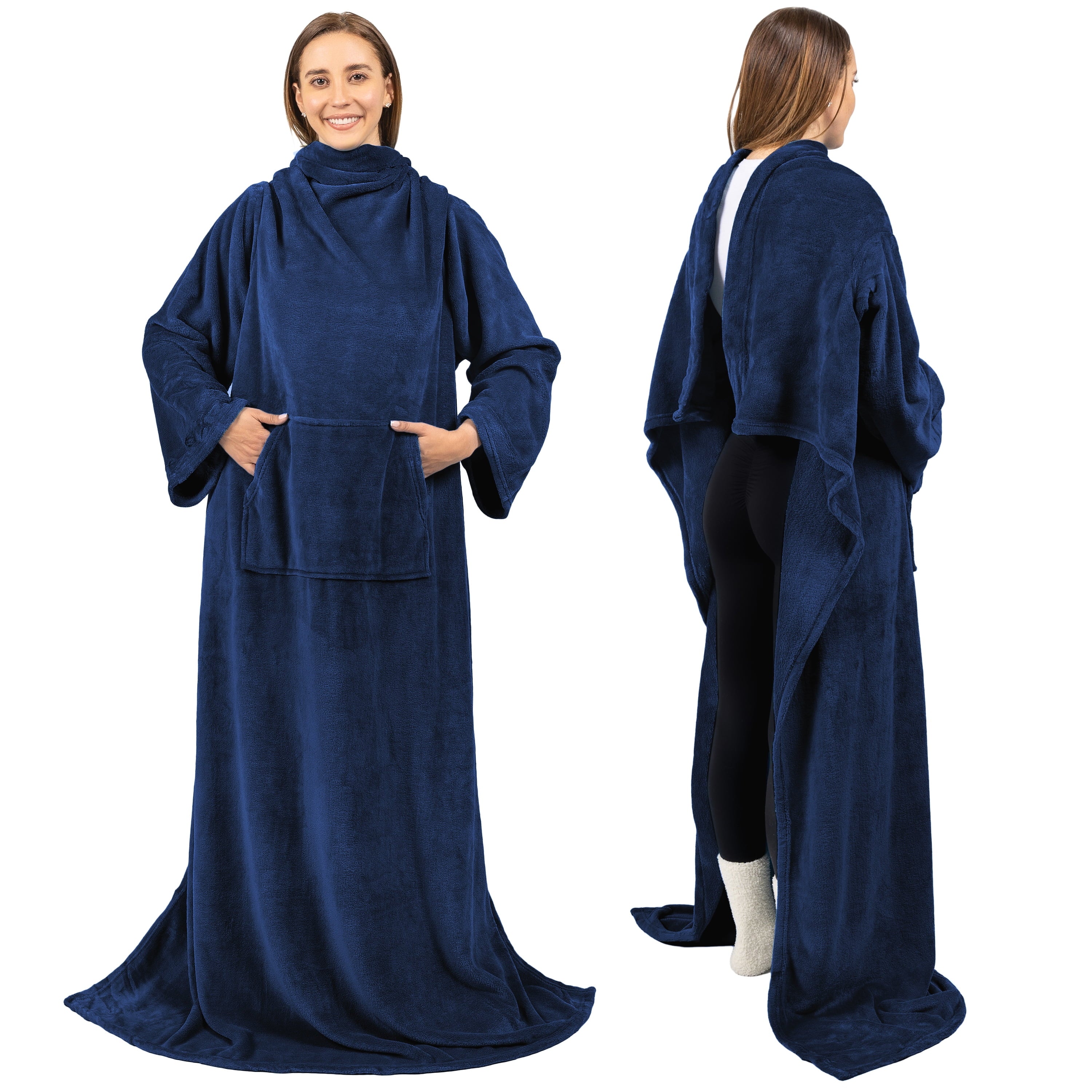 Navy Blue Fleece Wearable Blanket with Sleeves for Adults Women Men, Soft Warm Full Body Wrap Throw, Sweatshirt Pocke...