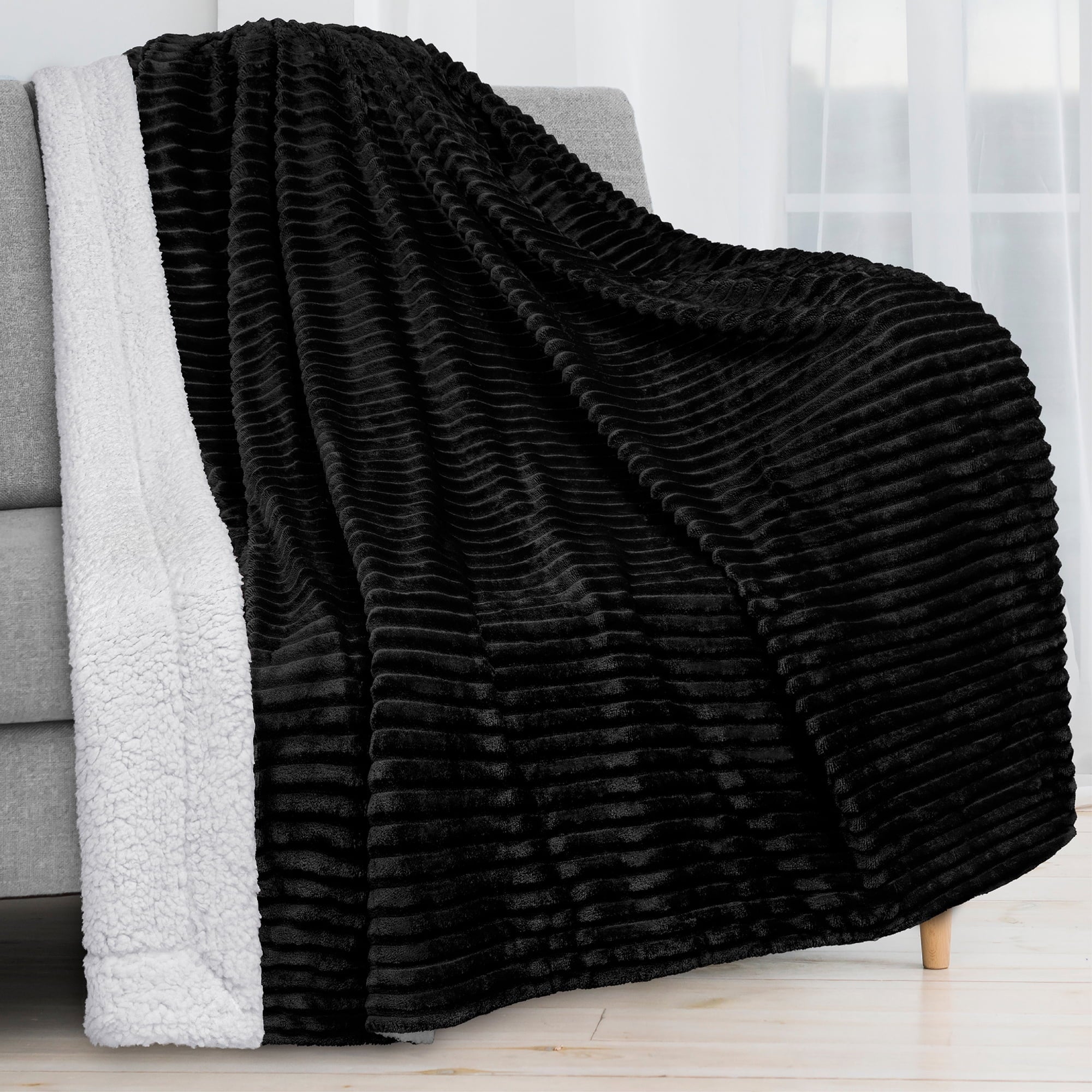 Reversible Sherpa Fleece Throw Blanket Black, Plush Flannel Throw, Ultra Soft Warm Ribbed Microfiber Blanket for Sofa...