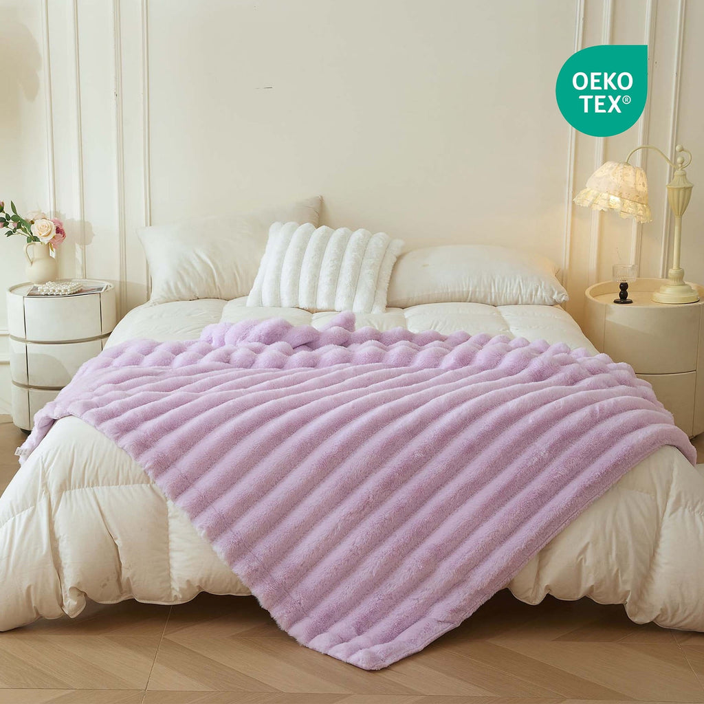 Fluffy Faux Rabbit Fur Throw, Cozy Wide Stripe Plush Fuzzy Blanket for Bed Couch Sofa Chair, Light Purple Shaggy Thro...