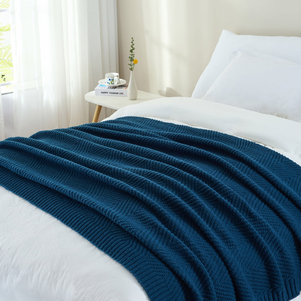 Soft Knitted Throw Blanket 50" x 60" Navy Blue, Boho Chevron Farmhouse Throw for Bed Couch