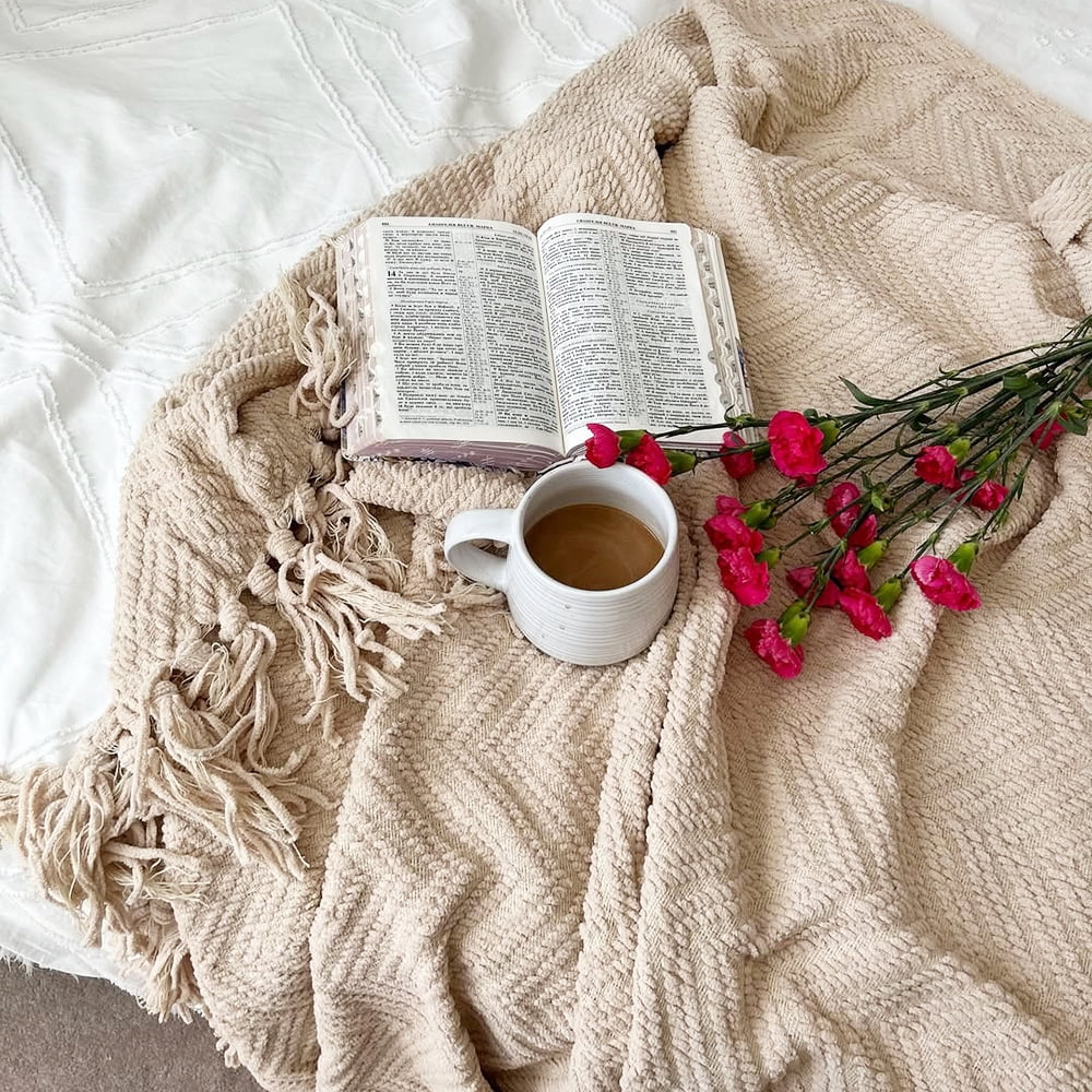 Beige Throw Blanket,Textured Knitted Tan Throws with Tassels,Neutral Sofa Bed Throws,50"x60"