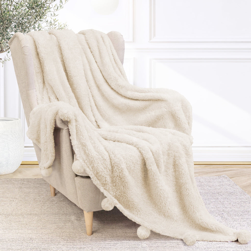 Ivory Cream Sherpa Throw Blanket with Soft Pom Pom Fringe, Plush Cozy Warm Blankets for Couch Bed Sofa, Fuzzy Fleece ...