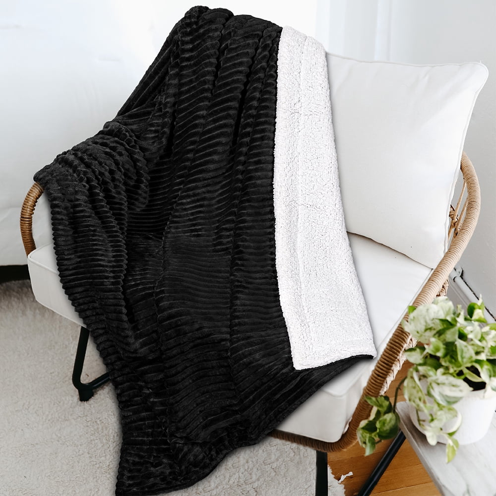 Reversible Sherpa Fleece Throw Blanket Black, Plush Flannel Throw, Ultra Soft Warm Ribbed Microfiber Blanket for Sofa...