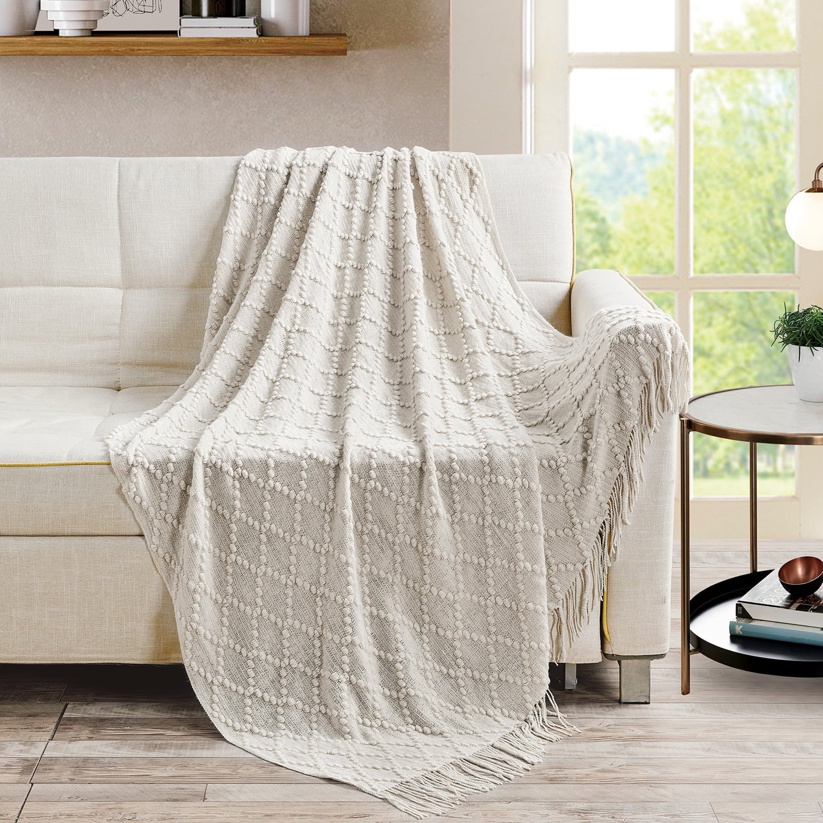 Texture Pure Color Soft Throw Blanket and Sofa Or Bed Knitted Decorative Blanket 50 x70 inches Jacquard Diamond Beige...